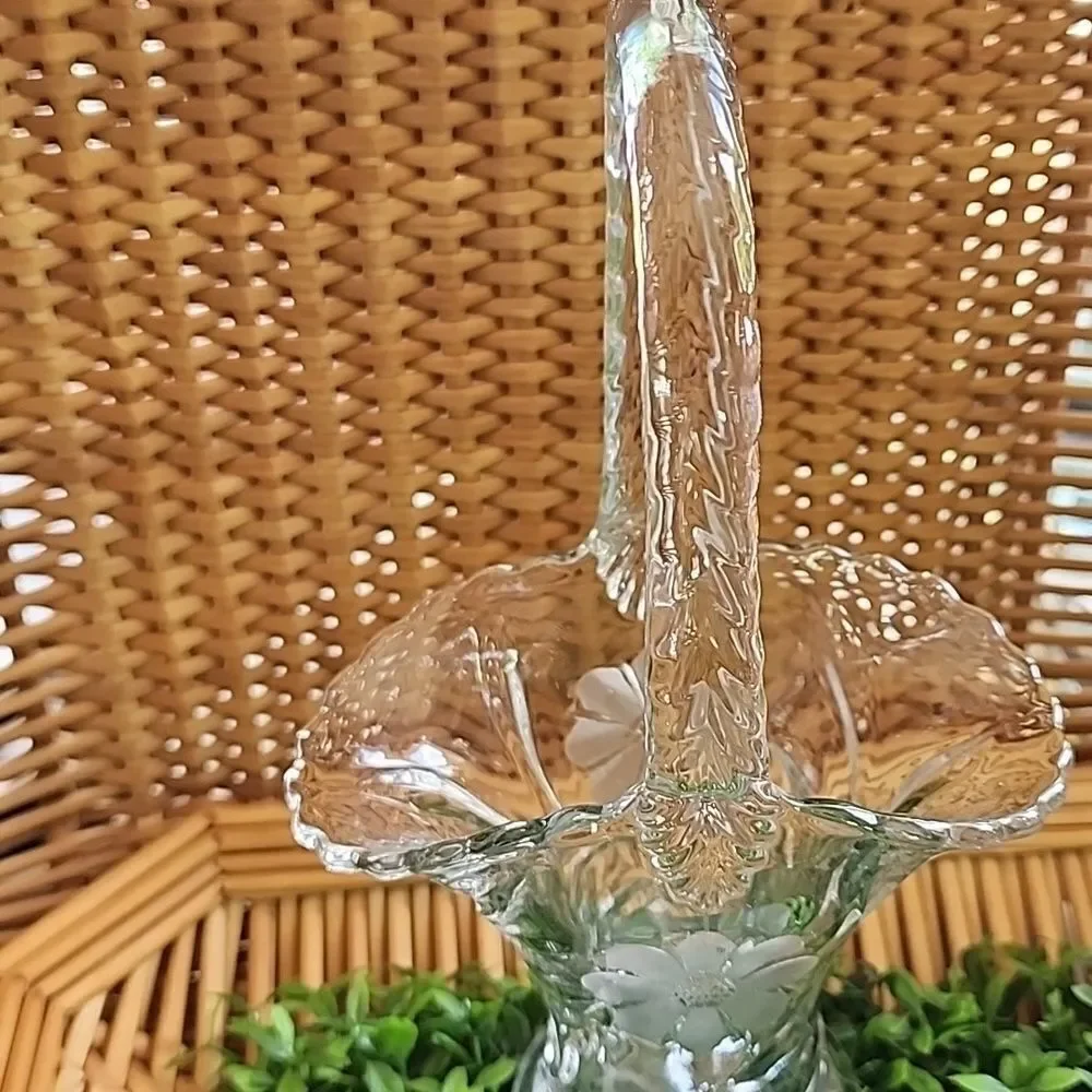 Vintage Etched Glass Floral Bride's Basket With Handle Coquette Bridal